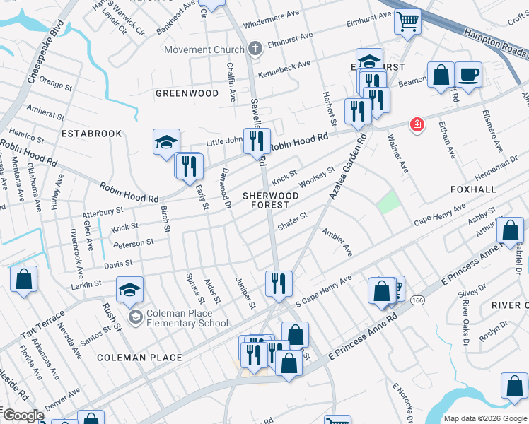 map of restaurants, bars, coffee shops, grocery stores, and more near 2727 Sewells Point Road in Norfolk