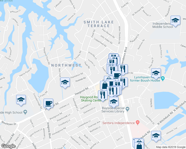 map of restaurants, bars, coffee shops, grocery stores, and more near 912 Ewell Road in Virginia Beach