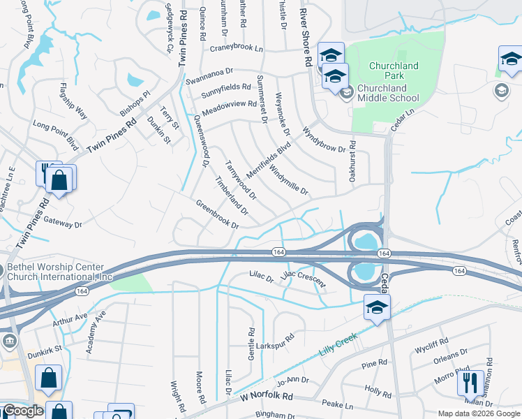 map of restaurants, bars, coffee shops, grocery stores, and more near 4012 Tarnywood Drive in Portsmouth