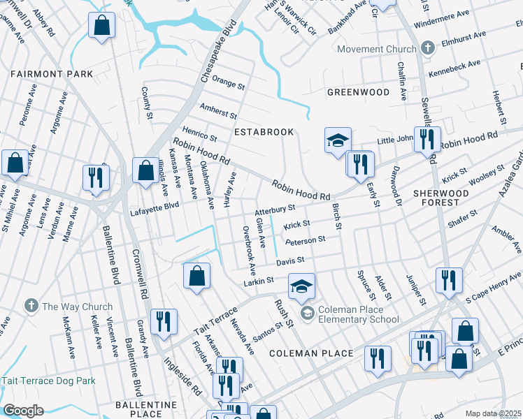 map of restaurants, bars, coffee shops, grocery stores, and more near 2820 Glen Avenue in Norfolk