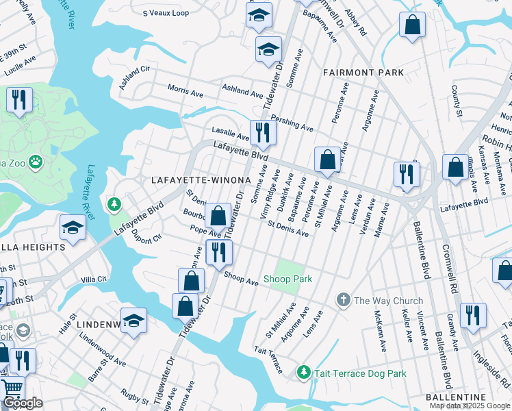 map of restaurants, bars, coffee shops, grocery stores, and more near 2014 Saint Denis Avenue in Norfolk
