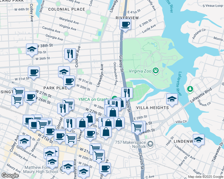 map of restaurants, bars, coffee shops, grocery stores, and more near 208 West 30th Street in Norfolk