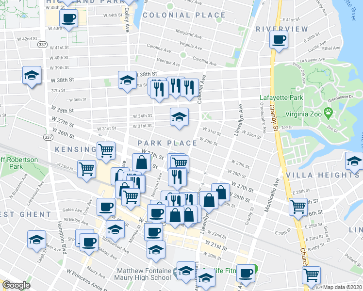 map of restaurants, bars, coffee shops, grocery stores, and more near 504 West 28th Street in Norfolk