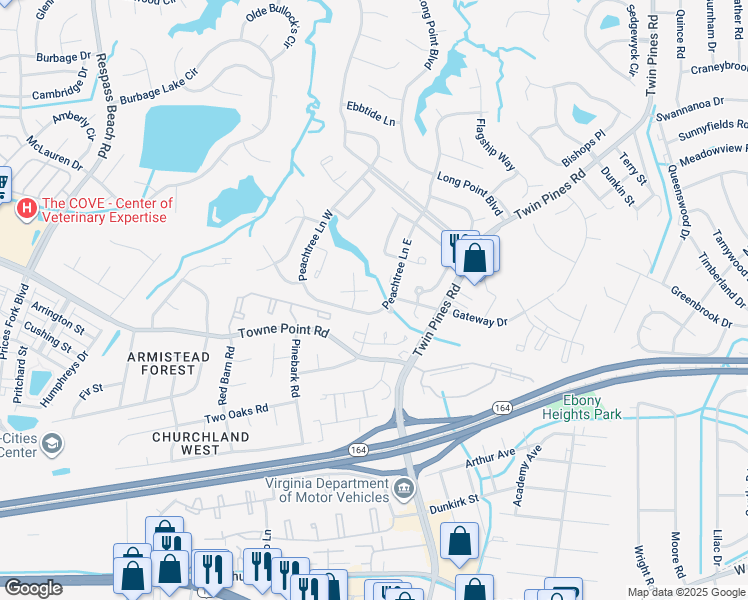 map of restaurants, bars, coffee shops, grocery stores, and more near 3716A Towne Point Road in Portsmouth
