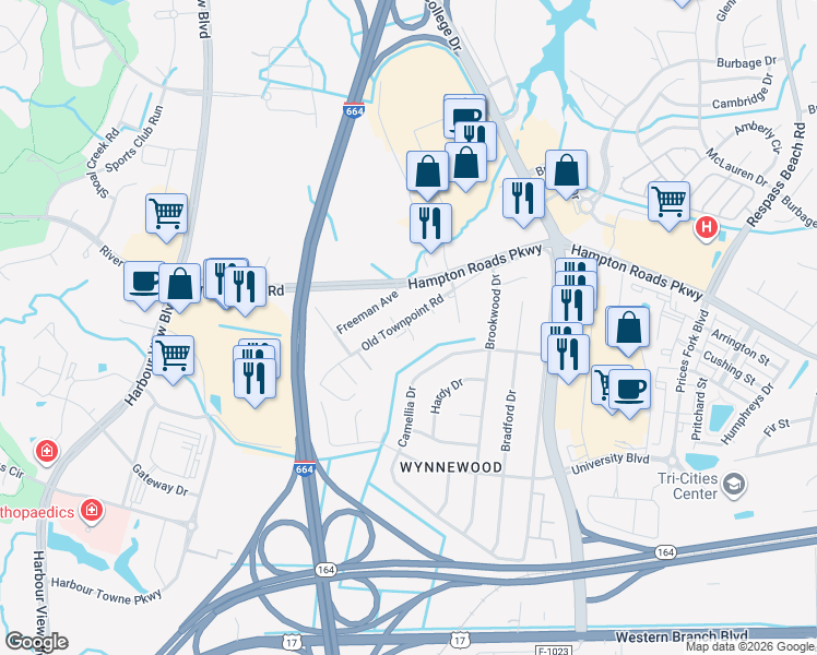 map of restaurants, bars, coffee shops, grocery stores, and more near 6273 Old Townpoint Road in Suffolk
