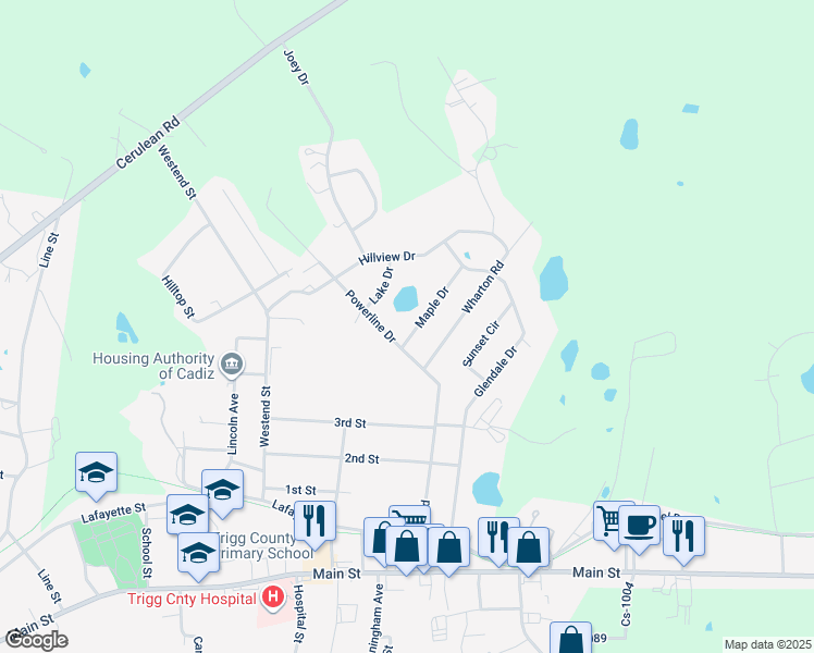 map of restaurants, bars, coffee shops, grocery stores, and more near 118 Powerline Drive in Cadiz