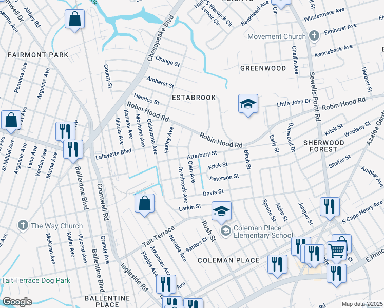 map of restaurants, bars, coffee shops, grocery stores, and more near 2820 Glen Avenue in Norfolk