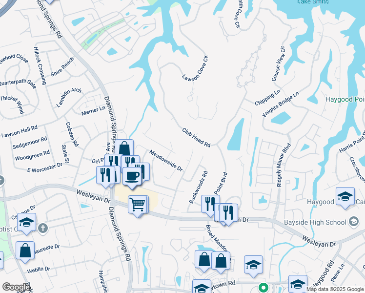 map of restaurants, bars, coffee shops, grocery stores, and more near 5404 Heatherwood Circle in Virginia Beach