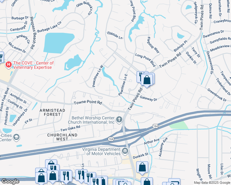 map of restaurants, bars, coffee shops, grocery stores, and more near 3716A Towne Point Road in Portsmouth