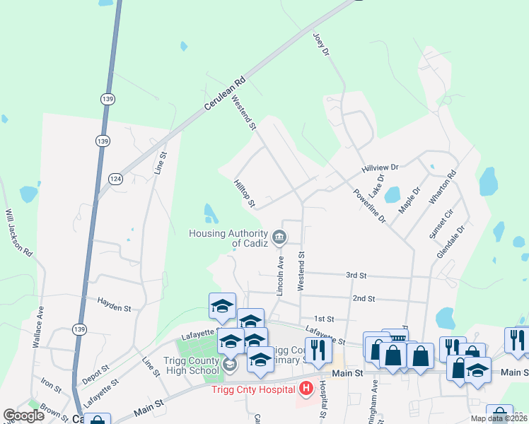 map of restaurants, bars, coffee shops, grocery stores, and more near 110-262 Hilltop Street in Cadiz