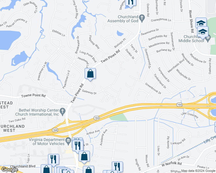 map of restaurants, bars, coffee shops, grocery stores, and more near 3671 Gateway Drive in Portsmouth