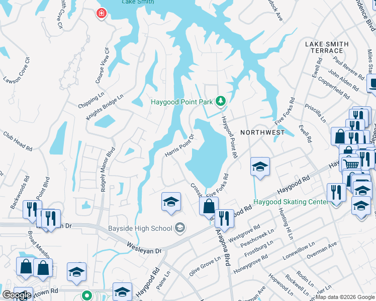 map of restaurants, bars, coffee shops, grocery stores, and more near 4712 Crossborough Road in Virginia Beach
