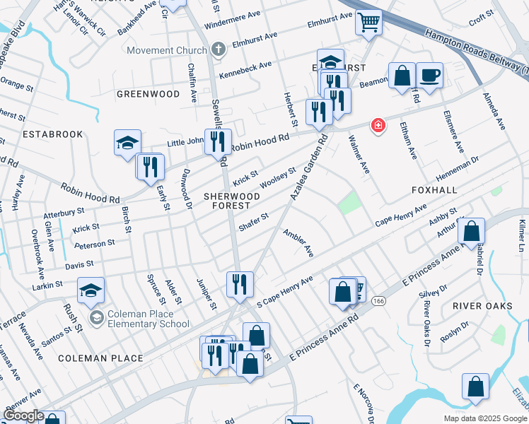 map of restaurants, bars, coffee shops, grocery stores, and more near 4914 Shafer Street in Norfolk