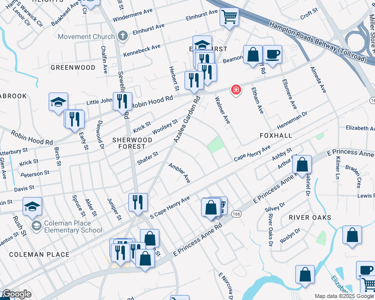 map of restaurants, bars, coffee shops, grocery stores, and more near 2516 Shafer Street in Norfolk