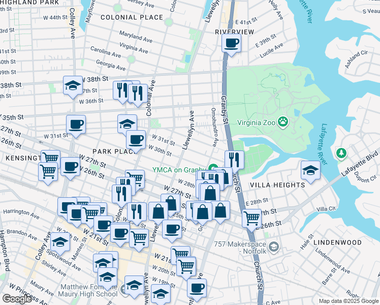 map of restaurants, bars, coffee shops, grocery stores, and more near 245 West 30th Street in Norfolk