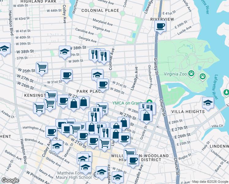 map of restaurants, bars, coffee shops, grocery stores, and more near 423 West 29th Street in Norfolk