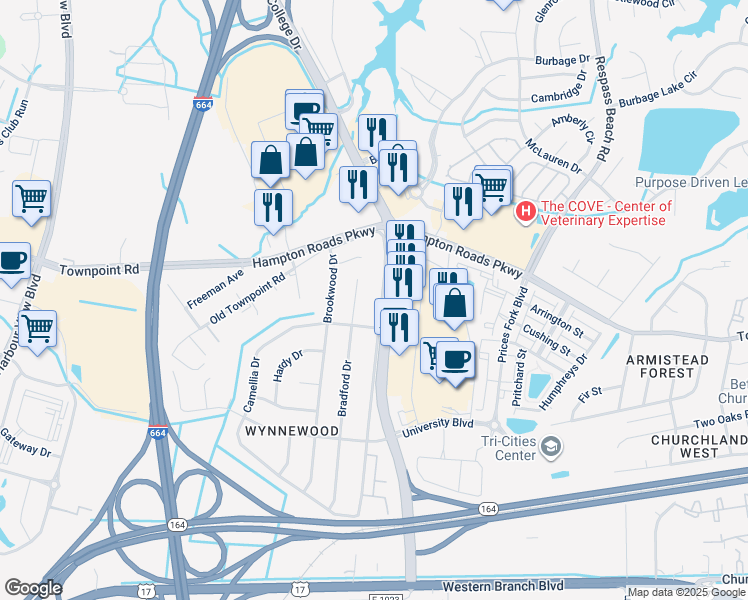 map of restaurants, bars, coffee shops, grocery stores, and more near 6150 College Drive in Suffolk