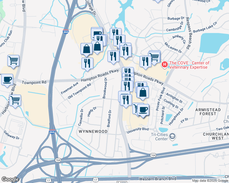 map of restaurants, bars, coffee shops, grocery stores, and more near 6116 Bradford Drive in Suffolk