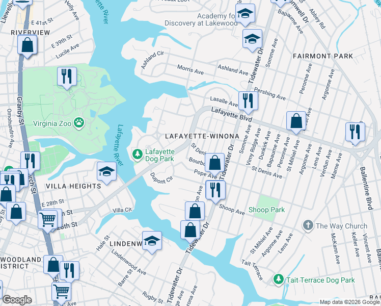 map of restaurants, bars, coffee shops, grocery stores, and more near 1700 Pope Avenue in Norfolk