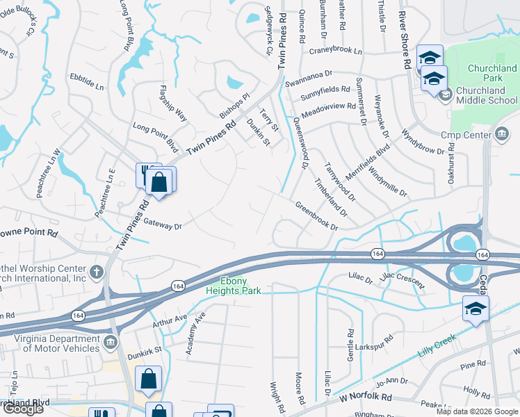map of restaurants, bars, coffee shops, grocery stores, and more near 3924 Hardwood Lane in Portsmouth