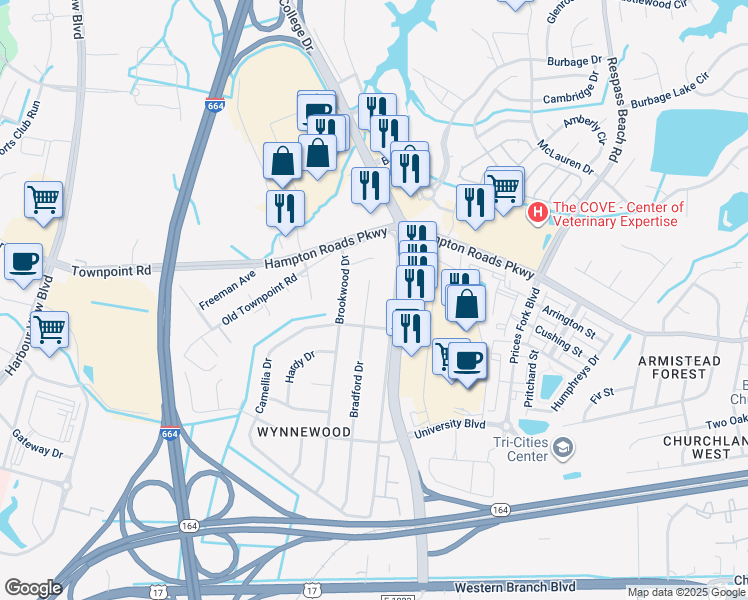 map of restaurants, bars, coffee shops, grocery stores, and more near 6116 Bradford Drive in Suffolk