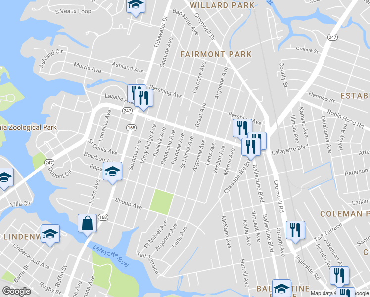 map of restaurants, bars, coffee shops, grocery stores, and more near 3103 Saint Mihiel Avenue in Norfolk