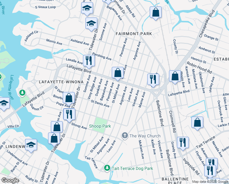 map of restaurants, bars, coffee shops, grocery stores, and more near 3103 Saint Mihiel Avenue in Norfolk