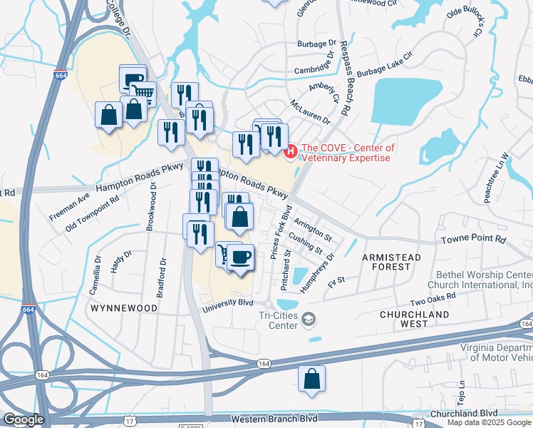 map of restaurants, bars, coffee shops, grocery stores, and more near 3025 Dennis Place in Suffolk