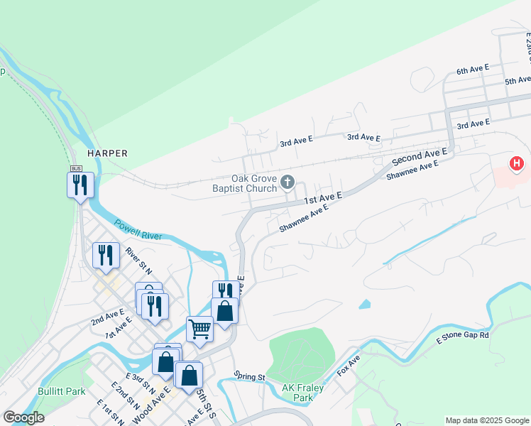 map of restaurants, bars, coffee shops, grocery stores, and more near 804 Wood Avenue East in Big Stone Gap
