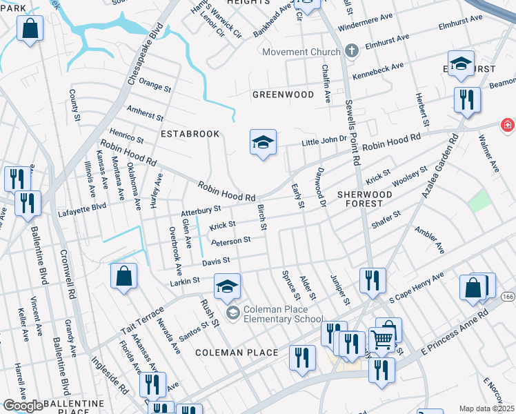map of restaurants, bars, coffee shops, grocery stores, and more near 3933 Krick Street in Norfolk