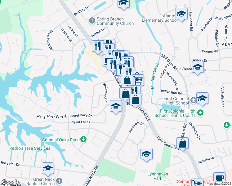 map of restaurants, bars, coffee shops, grocery stores, and more near 1333 Laurelfield Court in Virginia Beach