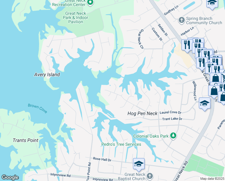 map of restaurants, bars, coffee shops, grocery stores, and more near 2460 Laurel Cove Drive in Virginia Beach