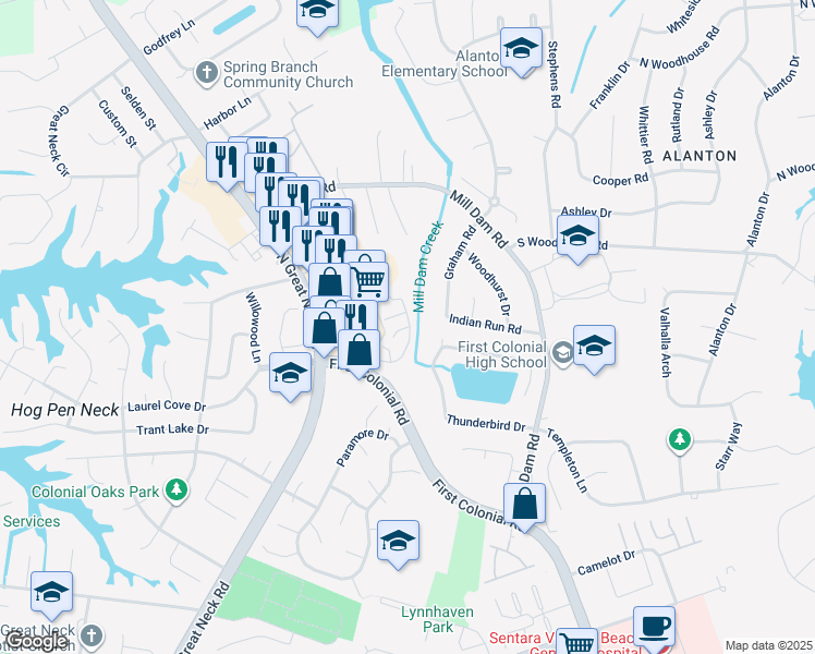map of restaurants, bars, coffee shops, grocery stores, and more near 2112 Retreat Ct in Virginia Beach