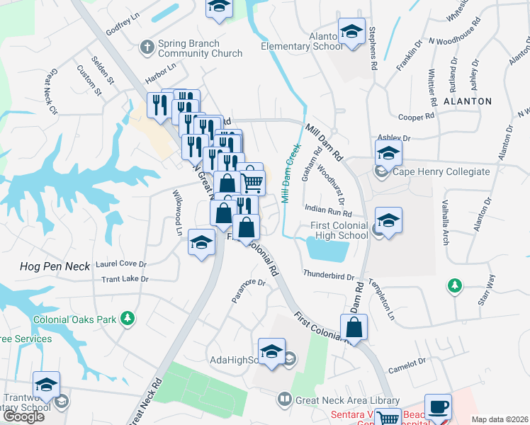 map of restaurants, bars, coffee shops, grocery stores, and more near 2106 Sanctuary Court in Virginia Beach
