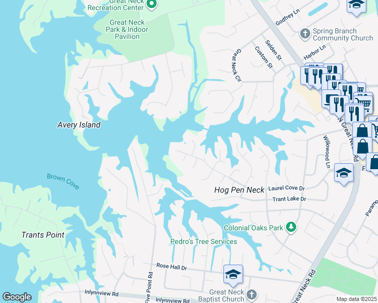 map of restaurants, bars, coffee shops, grocery stores, and more near 2460 Laurel Cove Drive in Virginia Beach
