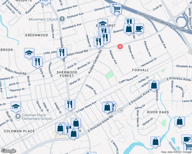 map of restaurants, bars, coffee shops, grocery stores, and more near 2516 Shafer Street in Norfolk