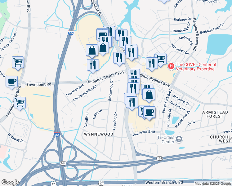 map of restaurants, bars, coffee shops, grocery stores, and more near 6117 Bradford Drive in Suffolk