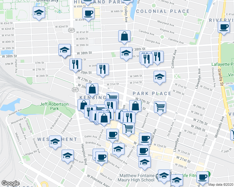 map of restaurants, bars, coffee shops, grocery stores, and more near 821 West 27th Street in Norfolk