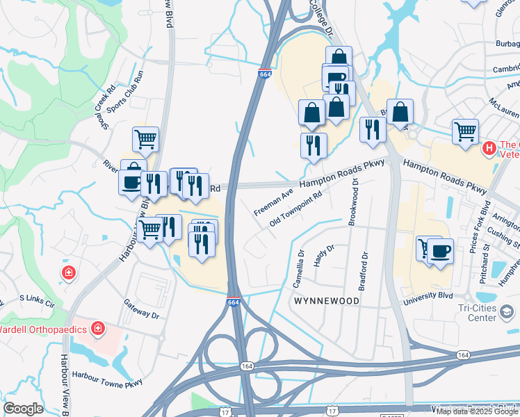 map of restaurants, bars, coffee shops, grocery stores, and more near 6240 Freeman Avenue in Suffolk