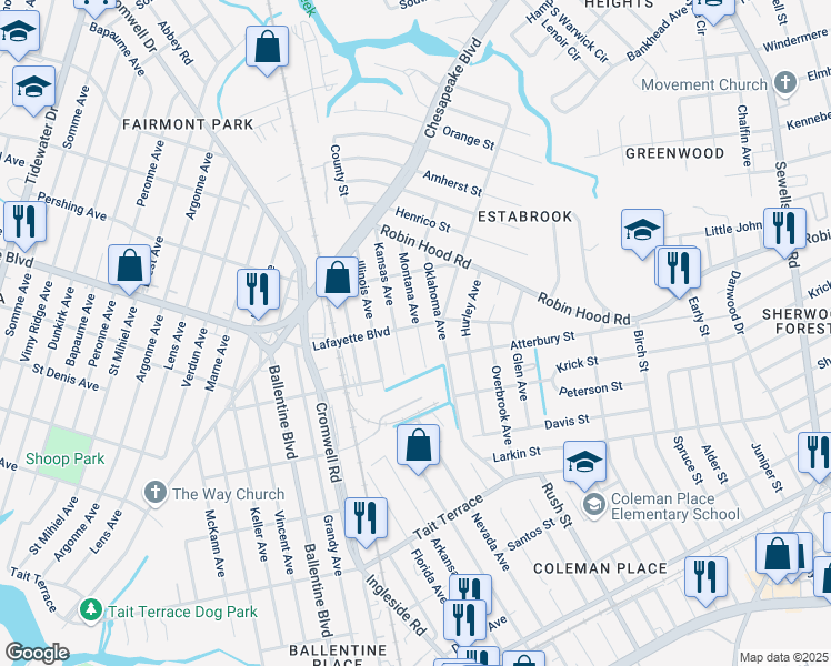 map of restaurants, bars, coffee shops, grocery stores, and more near 3113 Montana Avenue in Norfolk