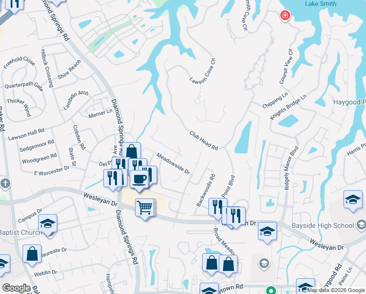 map of restaurants, bars, coffee shops, grocery stores, and more near 5332 Weblin Farm Road in Virginia Beach