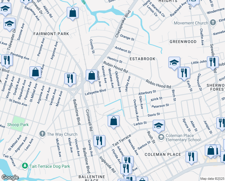 map of restaurants, bars, coffee shops, grocery stores, and more near 3113 Montana Avenue in Norfolk