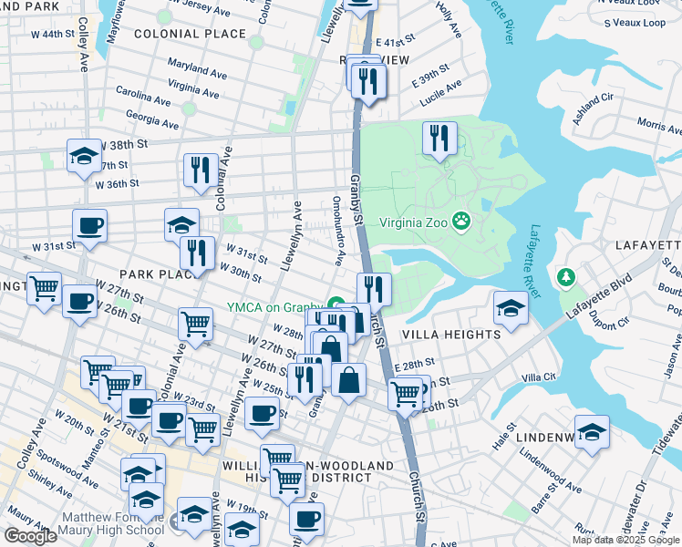 map of restaurants, bars, coffee shops, grocery stores, and more near 122 Broadway Street in Norfolk