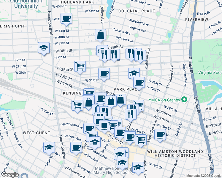 map of restaurants, bars, coffee shops, grocery stores, and more near 703 West 29th Street in Norfolk