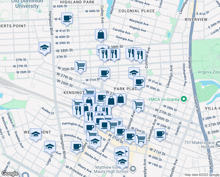 map of restaurants, bars, coffee shops, grocery stores, and more near 2800 Colley Avenue in Norfolk