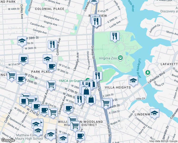 map of restaurants, bars, coffee shops, grocery stores, and more near 122 Broadway Street in Norfolk