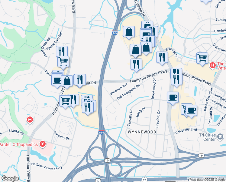map of restaurants, bars, coffee shops, grocery stores, and more near 6240 Freeman Avenue in Suffolk