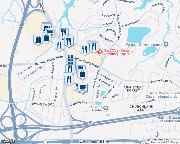 map of restaurants, bars, coffee shops, grocery stores, and more near 2019 Hampton Roads Parkway in Suffolk