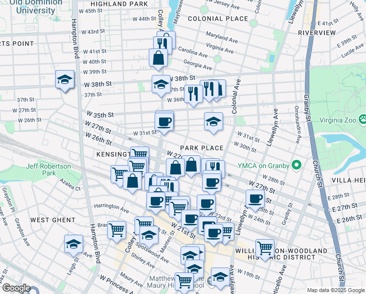 map of restaurants, bars, coffee shops, grocery stores, and more near Gosnold Avenue & West 28th Street in Norfolk