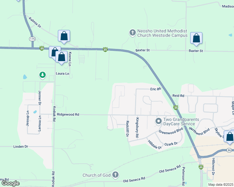 map of restaurants, bars, coffee shops, grocery stores, and more near 456 Ravenwood Cir in Neosho